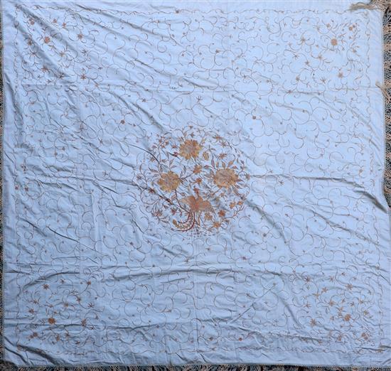 A Chinese gilt thread embroidered silk bed cover, late Qing dynasty, 228 x 225cm excluding border
